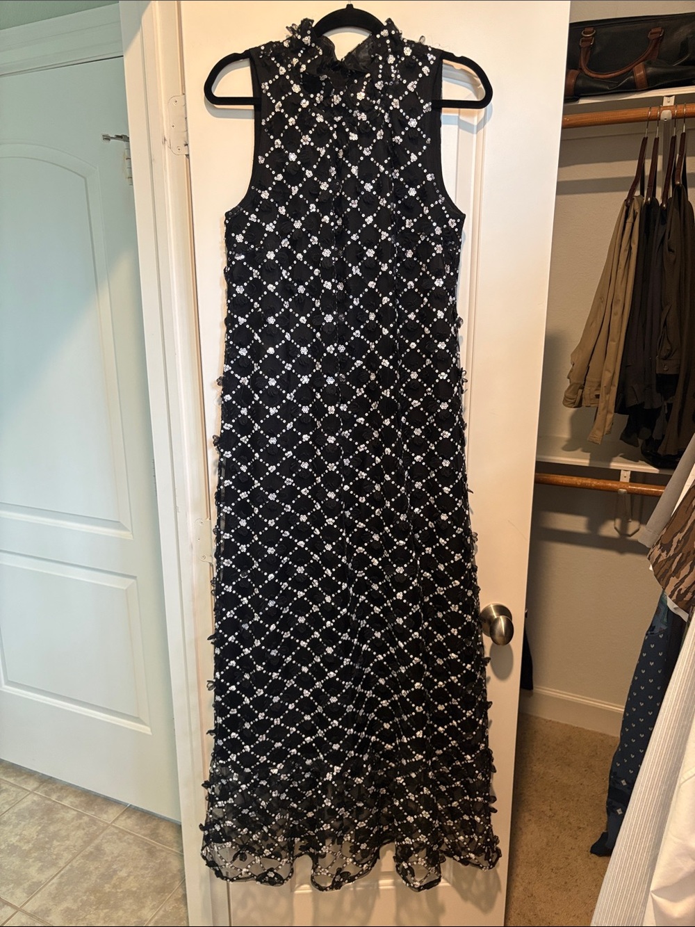 Abbey Glass Sleeveless Black Maxi Dress with White Bead Lattice